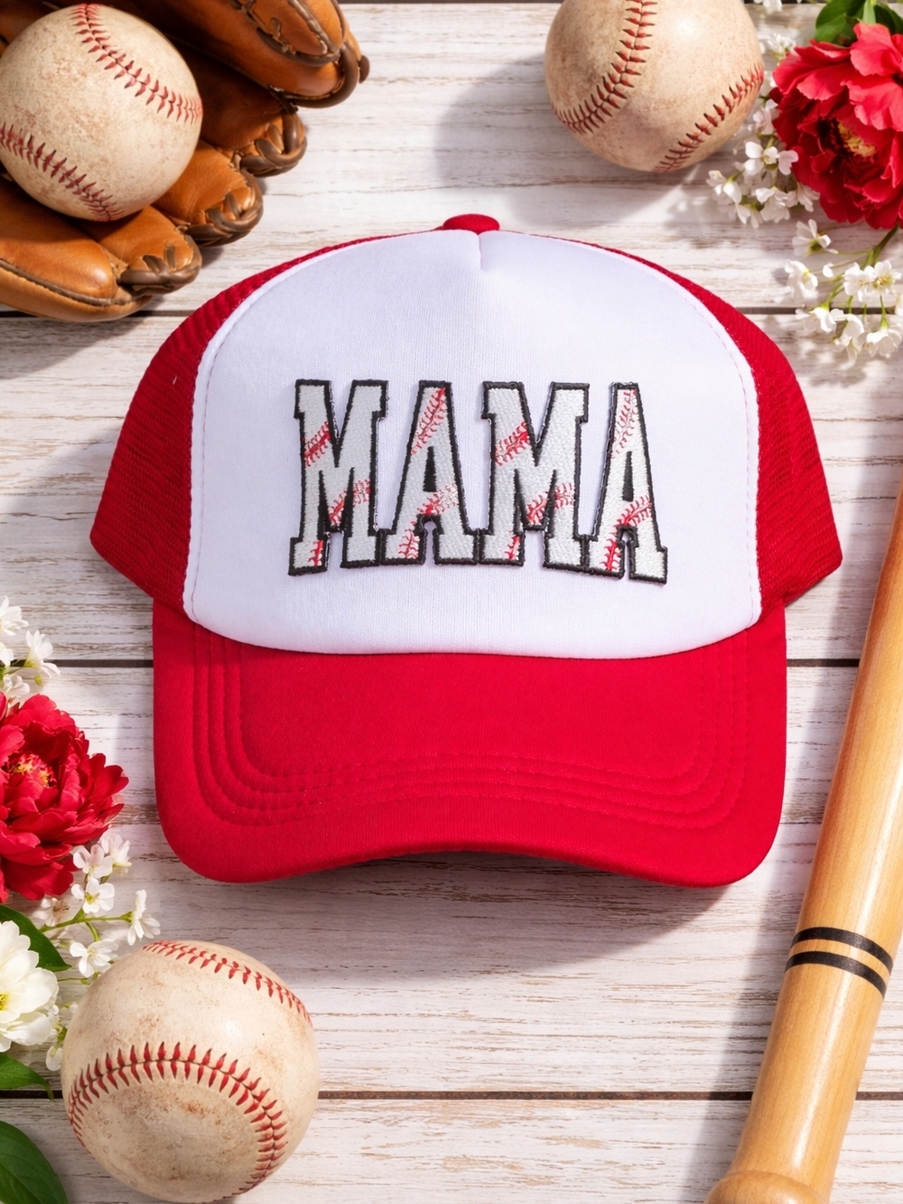 Baseball Mama Hat, Red Trucker Hat for Moms, Baseball Stitch Embroidery Cap